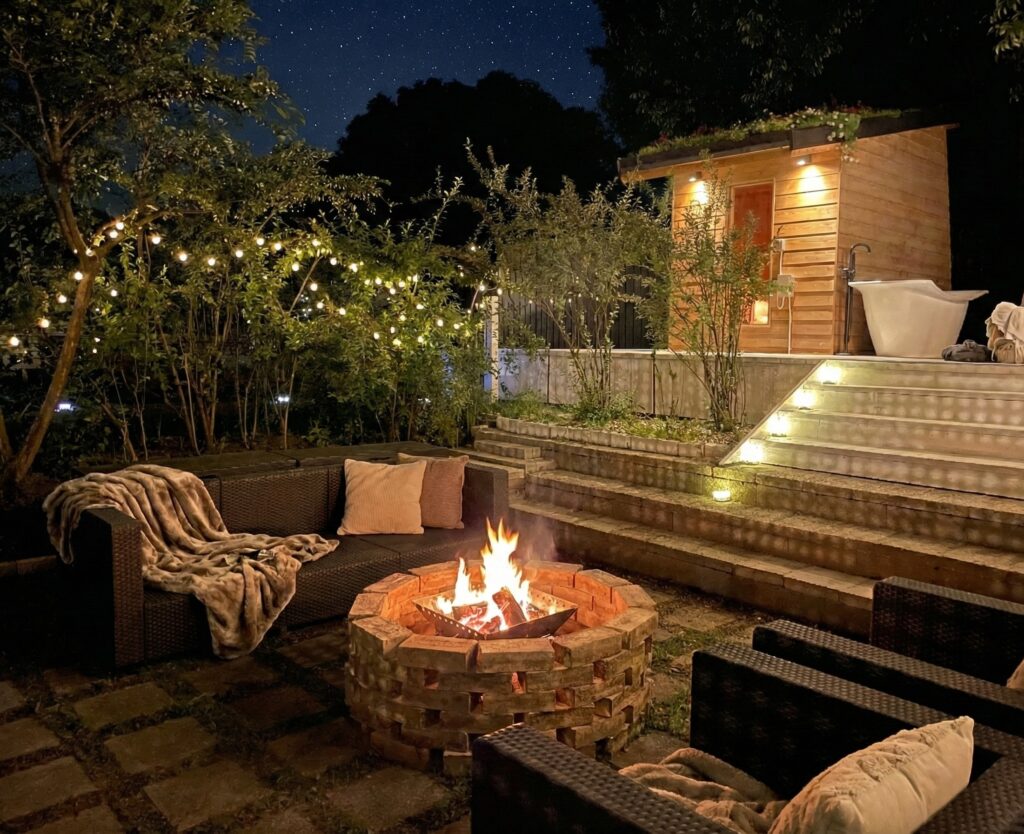 滋賀県大津市の貸切民泊「スター★ハウス」。夜のプライベートガーデン、焚き火、屋外ソファ、100%ヒノキサウナの外観。