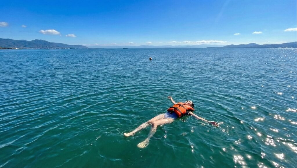 琵琶湖のヨットサウナ後にライフジャケットで湖に浮かぶ外気浴の様子